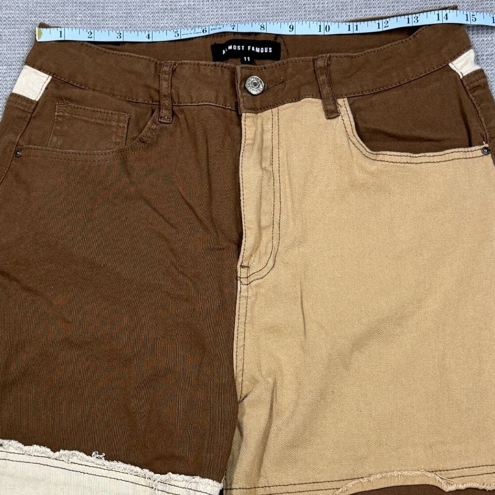 Almost Famous Patchwork Denim Jeans Womens Size 11 Brown Tan Raw Edge High Rise - Picture 9 of 14